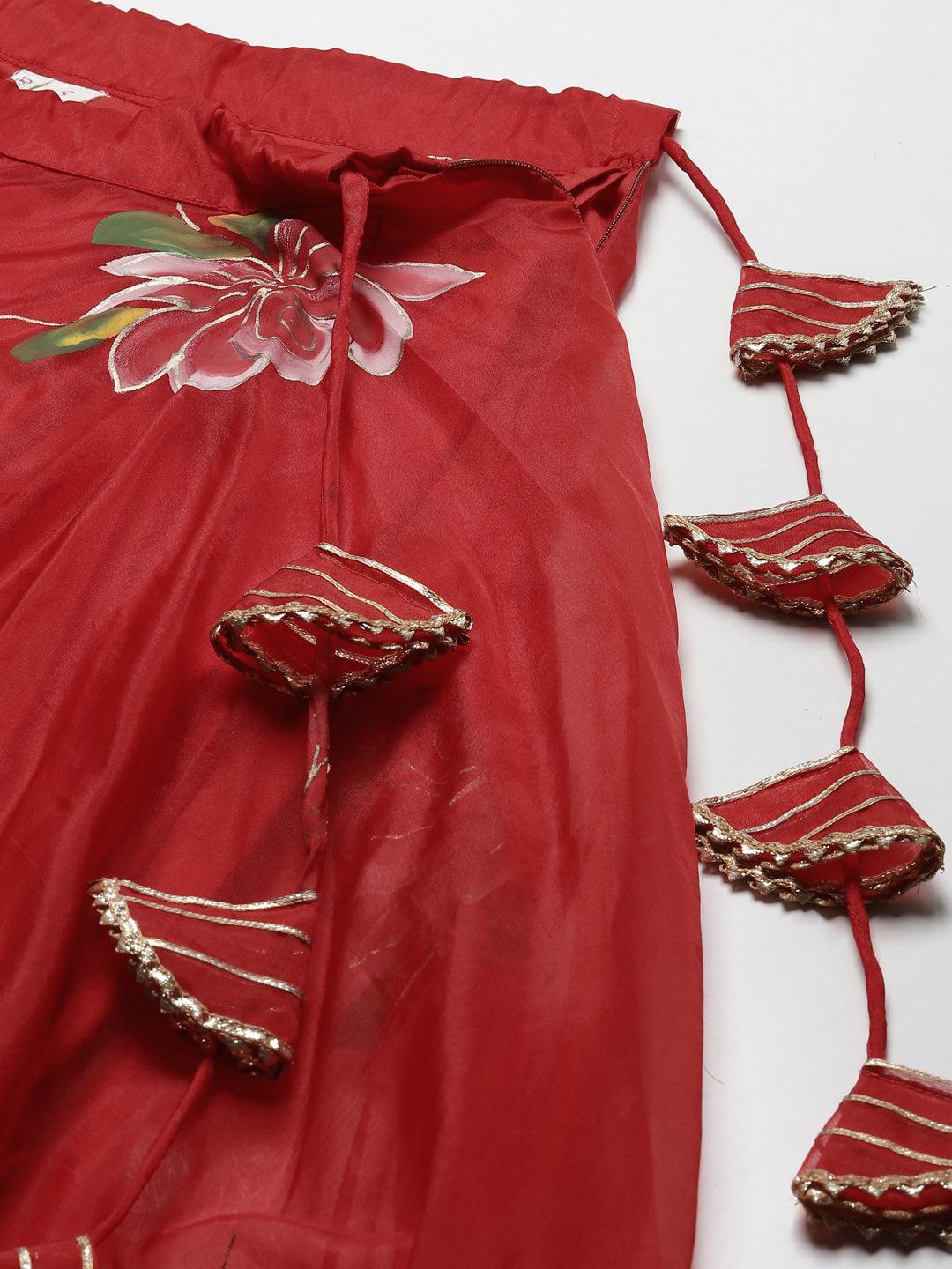 Dutika Red Hand Painted Organza Flared Lehenga Choli Set With Organza Dupatta